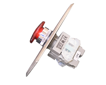 COR-ACC400IL  red illuminated button is mounted on a metal plate that can be secured to a wall near the door it effects