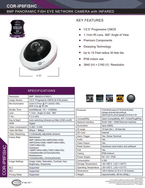 Medallion network camera,8MP IP Indoor Fish Eye Network Camera with 360° panoramic view and PoE