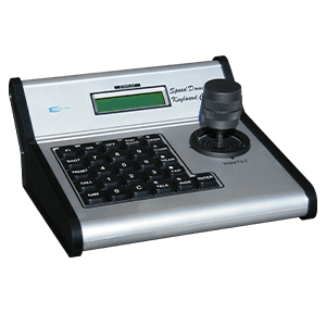 controller uses a 2-axis joystick and a keyboard (with LCD display) to select and control pan/tilt of a single camera in an array of up to 32 speed dome cameras