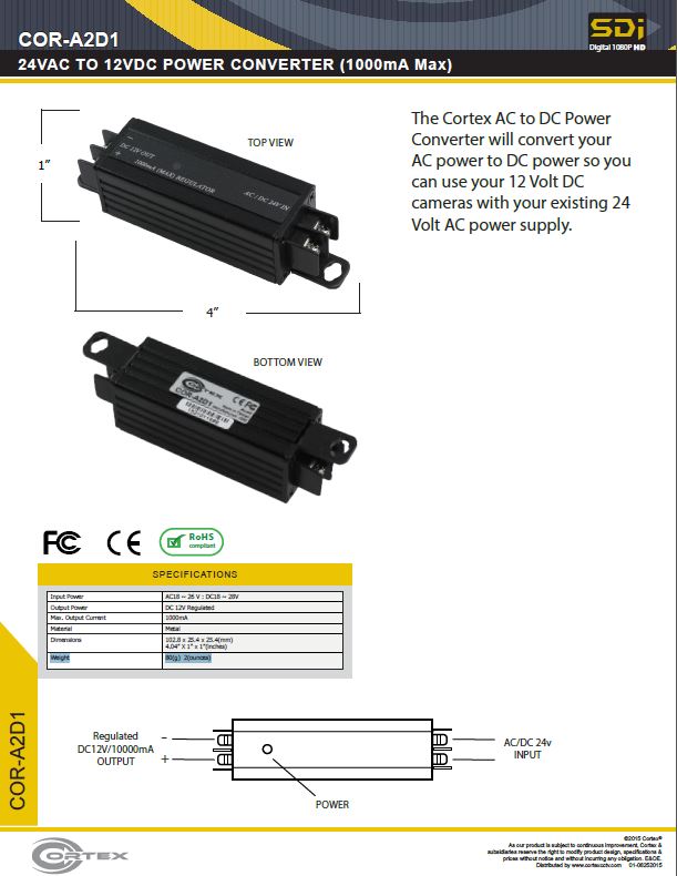 specifiation sheet download link for the COR-A2D1 Cortex Security quaility video baluns