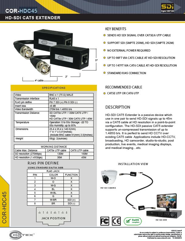 specifiation sheet download link for the COR-HDC45 Cortex Security quaility video baluns