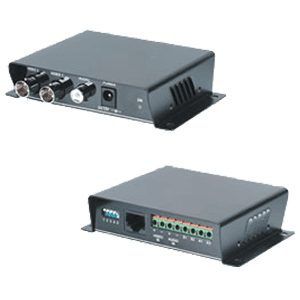  receiver gets audio and video signals from twisted pair (CAT 5 style) cable and outputs an amplified signal to a pair of BNC connectors