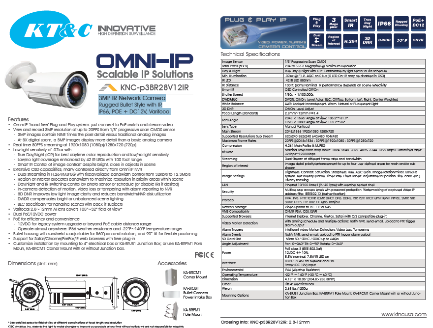 specifications for the KT-b2TR28V12IR 3MP EXIR Network IP Camera