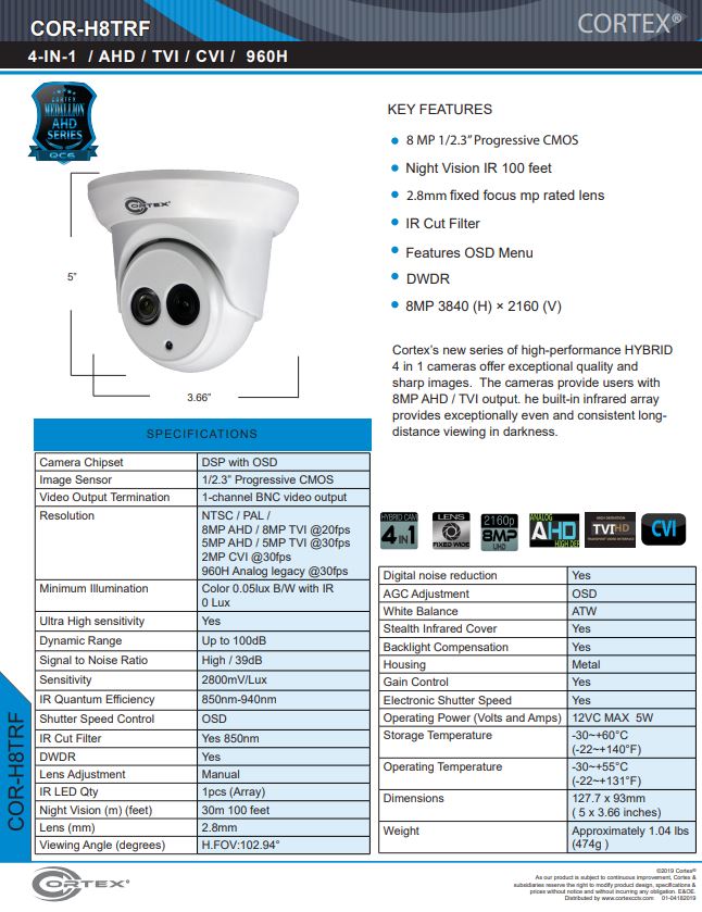 AHD 8MP (4K) Outdoor Camera with infrared 2.8mm fixed lens