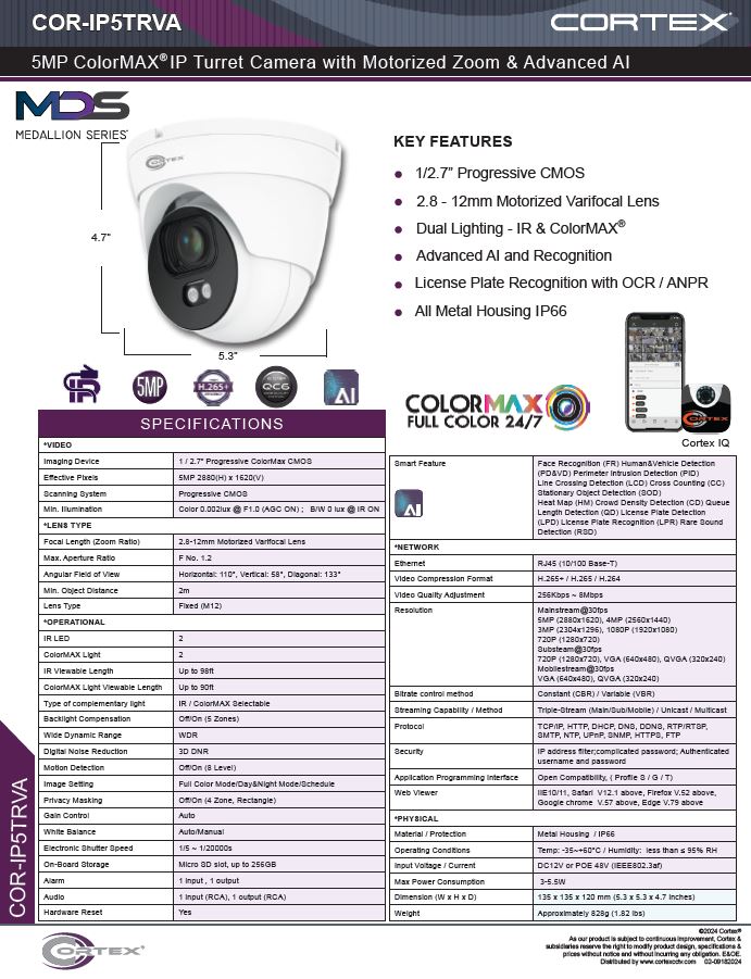 Medallion 5MP (4K) Outdoor Network Turret Camera with 2.7 ~ 13.5mm (Motorized) lens. 