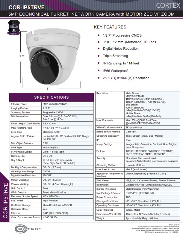 Medallion network camera, Medallion 5MP Network Turret Camera with IR and 2.8mm wide angle lens