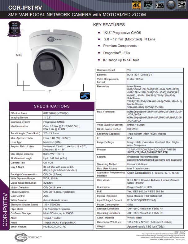 Medallion network camera, Medallion 8MP Network Turret Camera with IR and 2.8mm wide angle lens