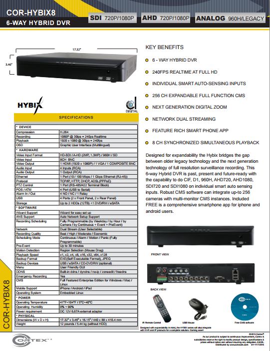 Specification image for the HYBIX16 Cortex® 8 Channel 6-Way Hybrid IP | SDI | EX-SDI | AHD | TVI Hybix series DVR NVR