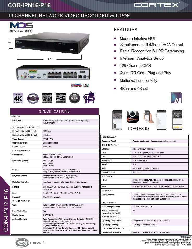 Specification image for the IPN16-P16 Cortex® 16ch Port 4K NVR with 16 PoE and H.265 network recorder