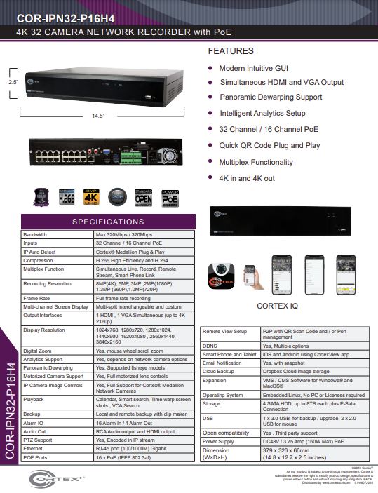 Specification image for the IPN32-P32H8 Cortex® Medallion 32 camera NVR with 8MP (4K) Recording resolution and 4 HDD Bays