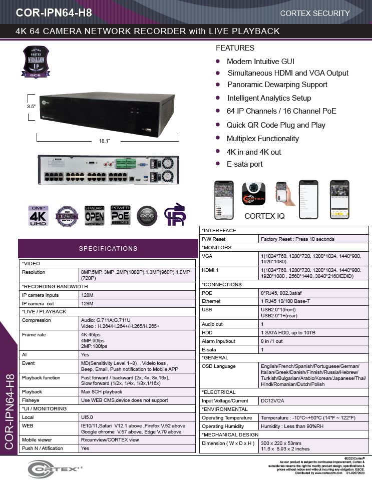 Specification image for the IPN64-H8 Cortex® Medallion 64 Camera 8 64 Camera NVR with 8MP (4K) Recording Resolution